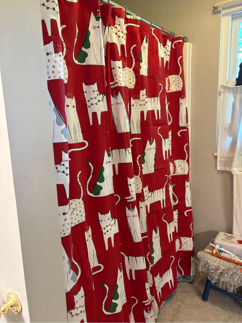Jingle & Joy Seasonal- Christmas Cats Fabric Shower Curtain-Red - Picture 2 of 7